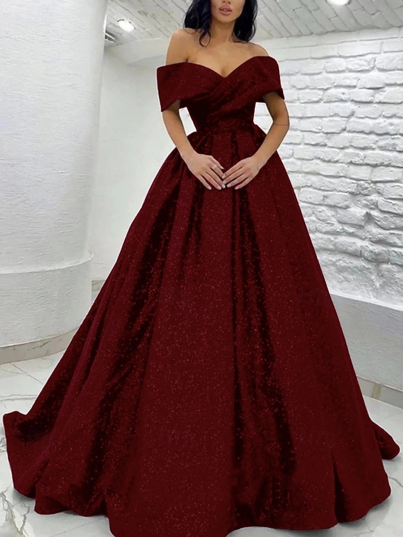 Gorgeous A-Line Off Shoulder Zip Back Floor Length Prom Dress