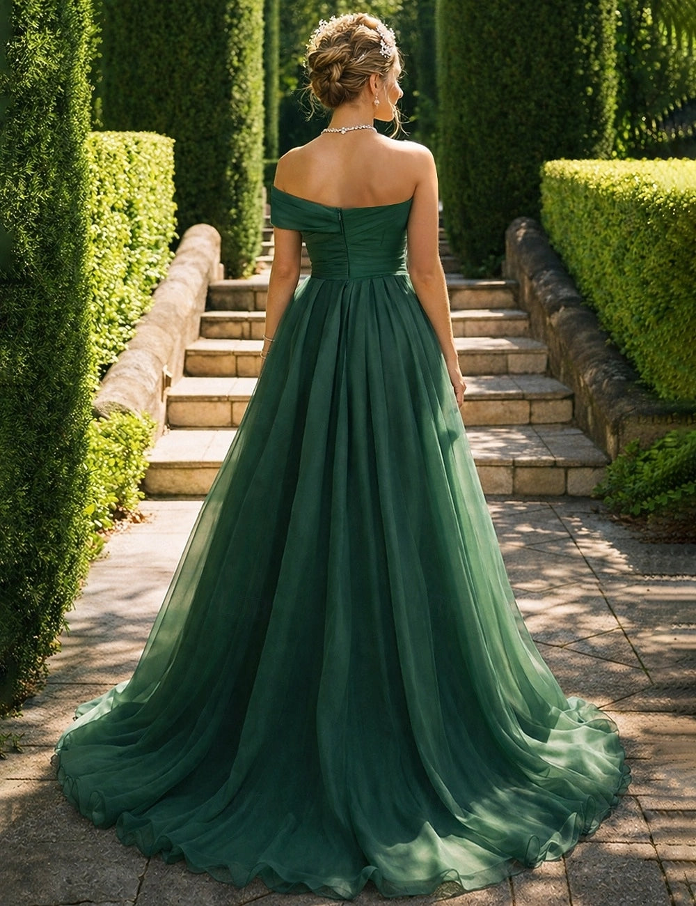 Back view Vedress dark green zip back sweep train prom dress long tulle formal gown