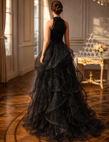 Vedress glitter tulle open back long prom dress layered ruffle skirt back view elegant palace interior