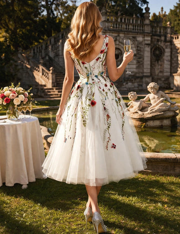 Vedress sleeveless zip back heart v back prom dress a line midi skirt garden fountain scenery
