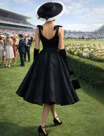Vedress heart v back zip back sleeveless a line prom dress retro black satin gown back view racetrack scenery