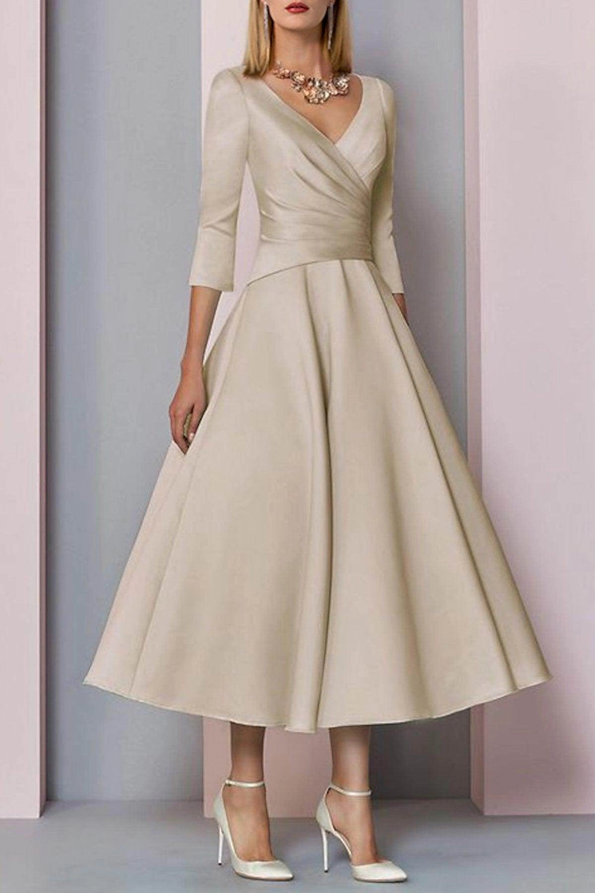 Vedress champagne satin midi mother of the bride dress wrap v neck 3/4 sleeve a line gown for minimalist garden wedding Ascot race day