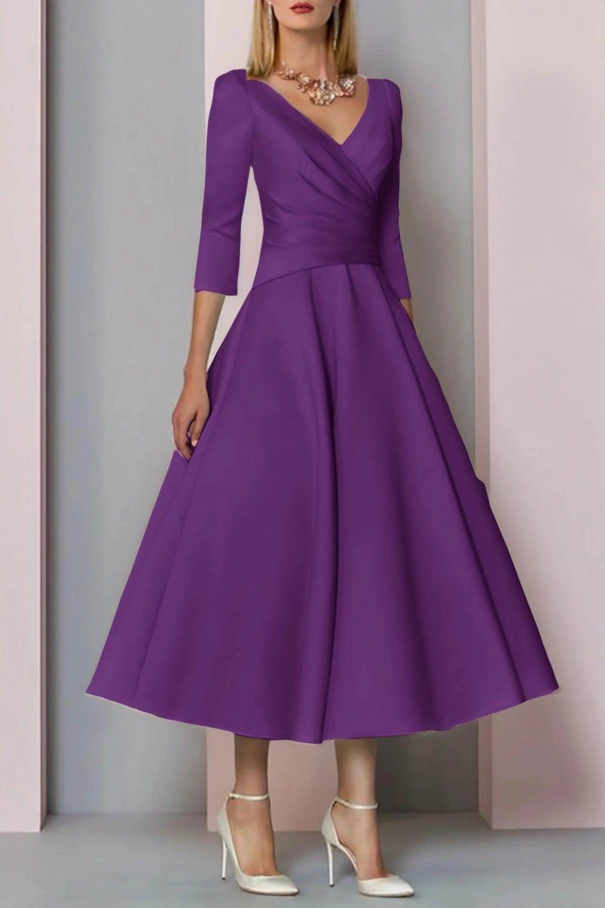 Classic A-Line V Neck 3/4 Sleeve Zip Back Midi Mother Of The Bride Dress