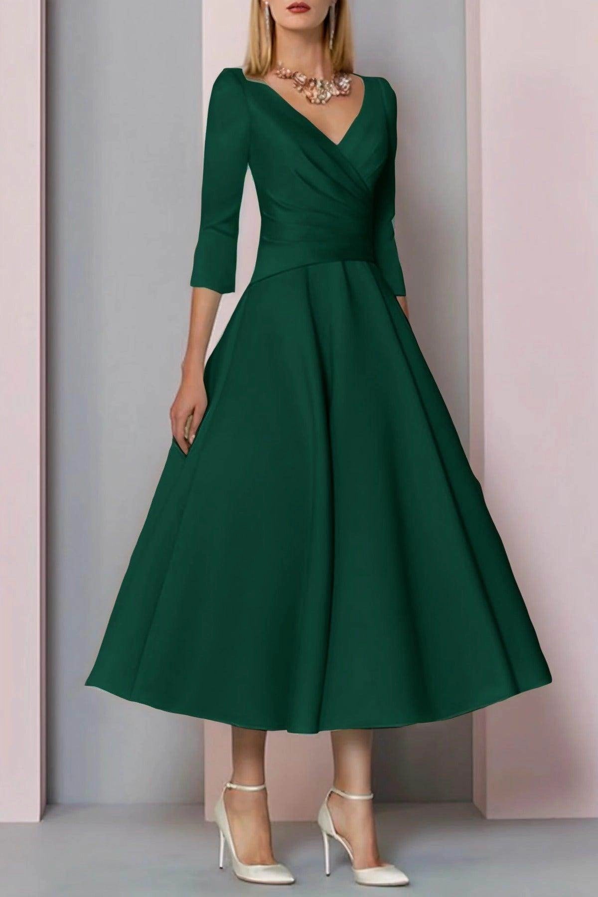 Classic A-Line V Neck 3/4 Sleeve Zip Back Midi Mother Of The Bride Dress