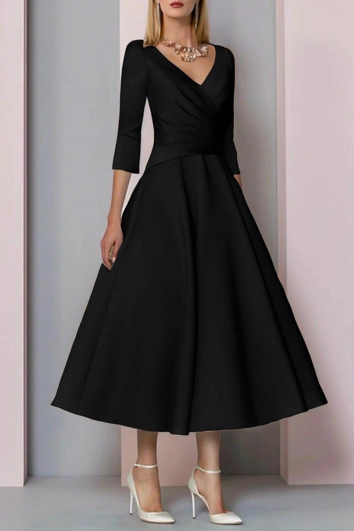 Classic A-Line V Neck 3/4 Sleeve Zip Back Midi Mother Of The Bride Dress