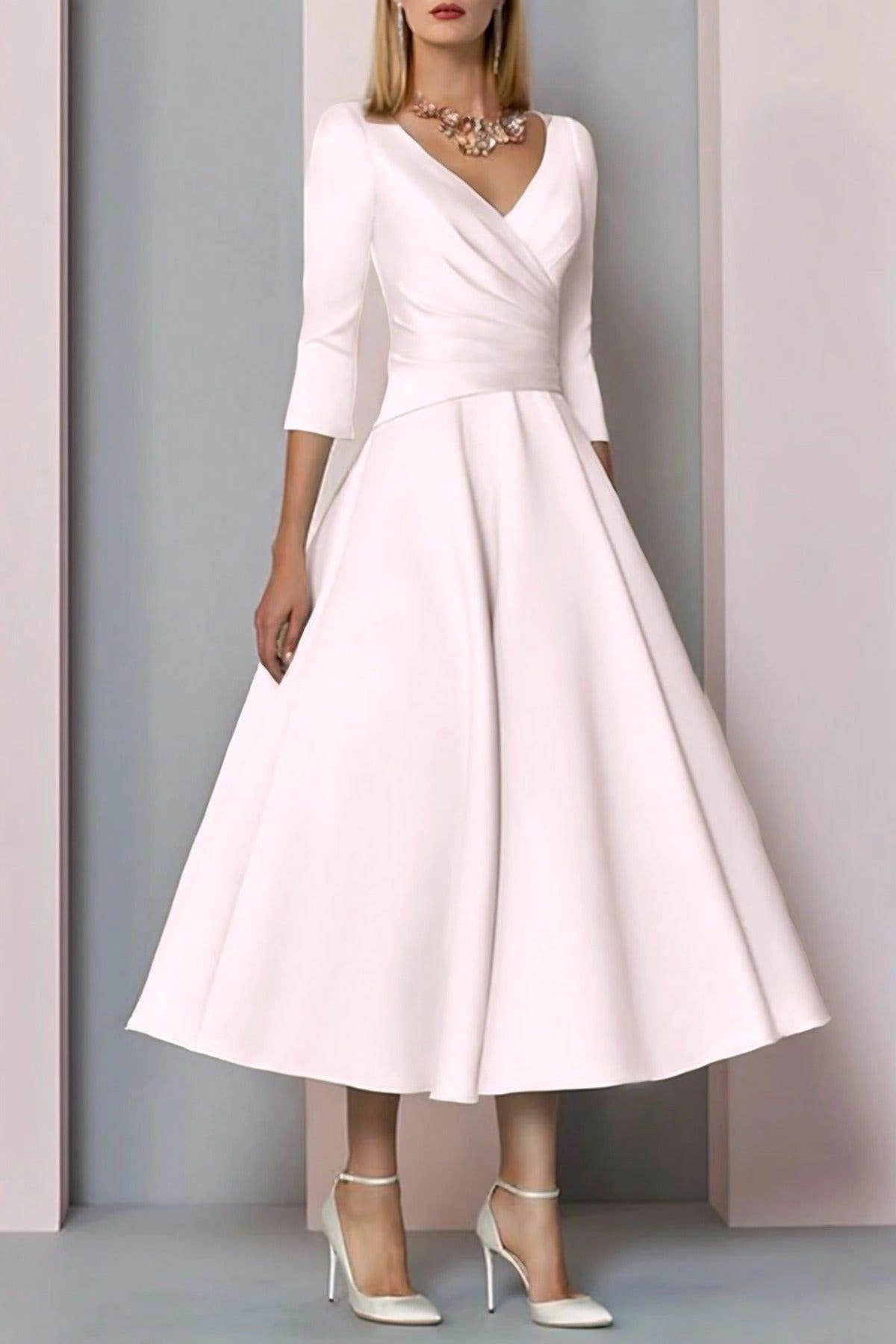 Classic A-Line V Neck 3/4 Sleeve Zip Back Midi Mother Of The Bride Dress
