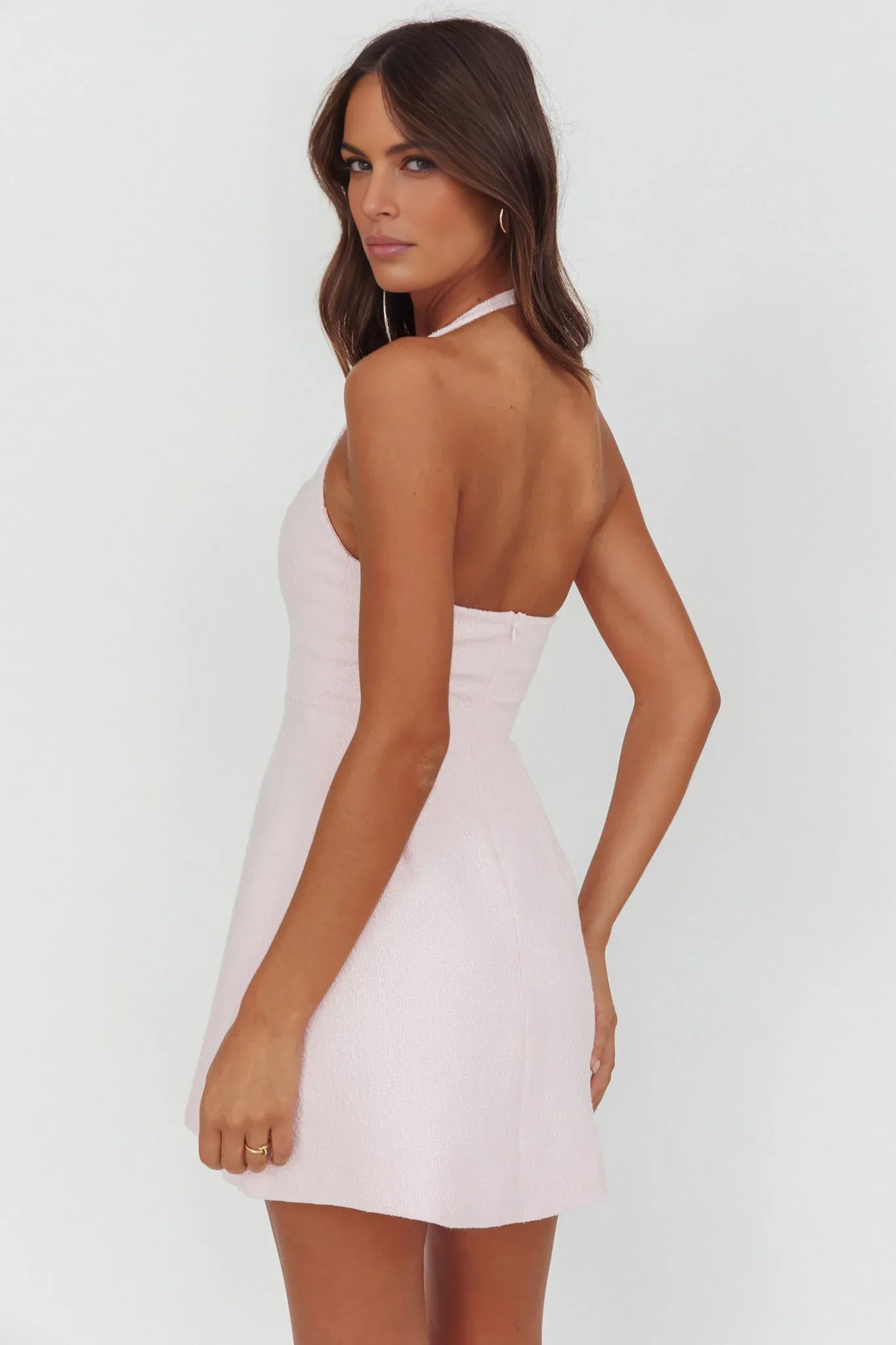A-line Halter Neck Sleeveless Homecoming Dress Tweed Mini Cocktail Party Dress