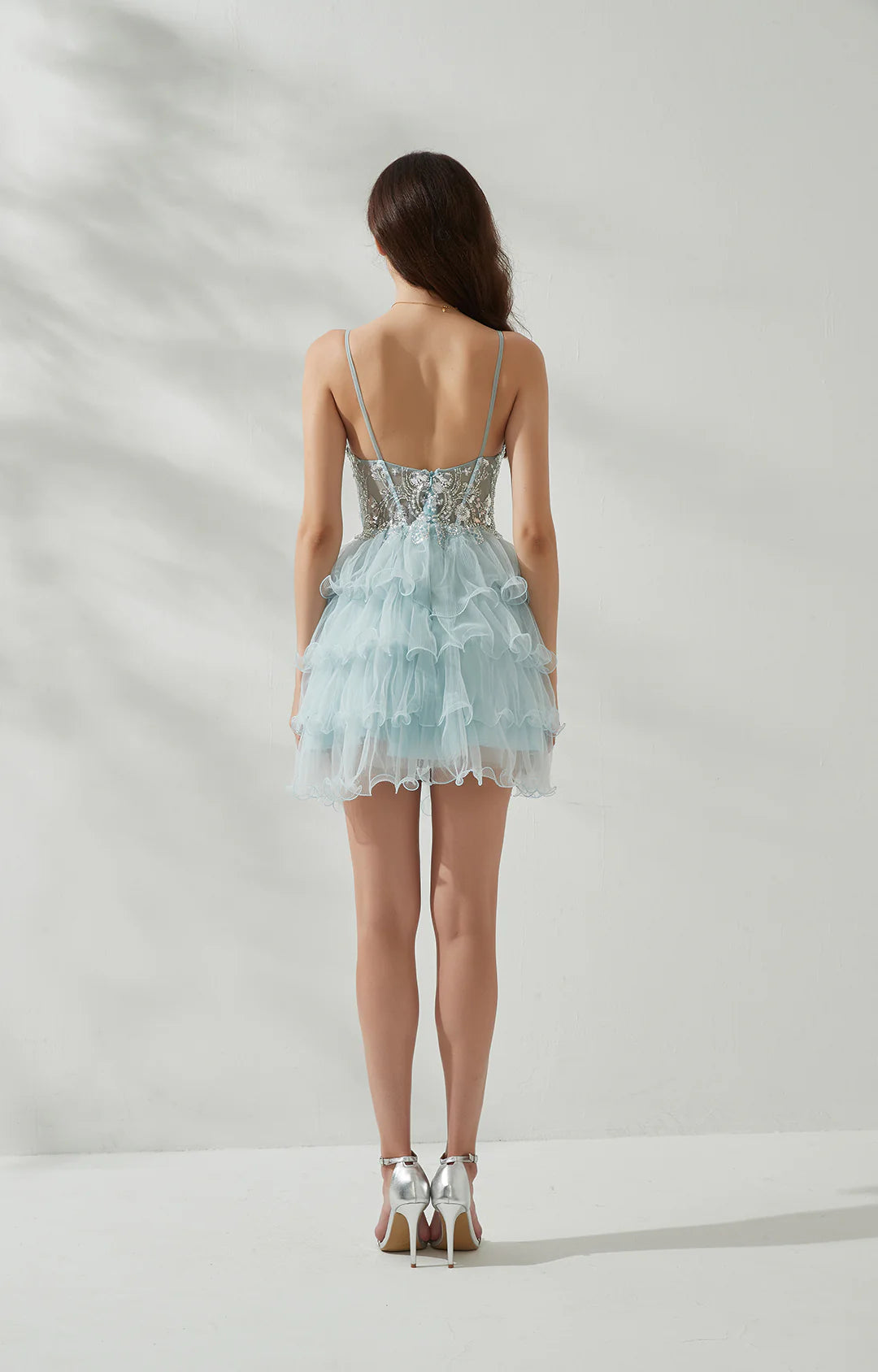 Glamorous A-line SpaghettiStrap Tulle Short Sequin Ruffled Homecoming Dress