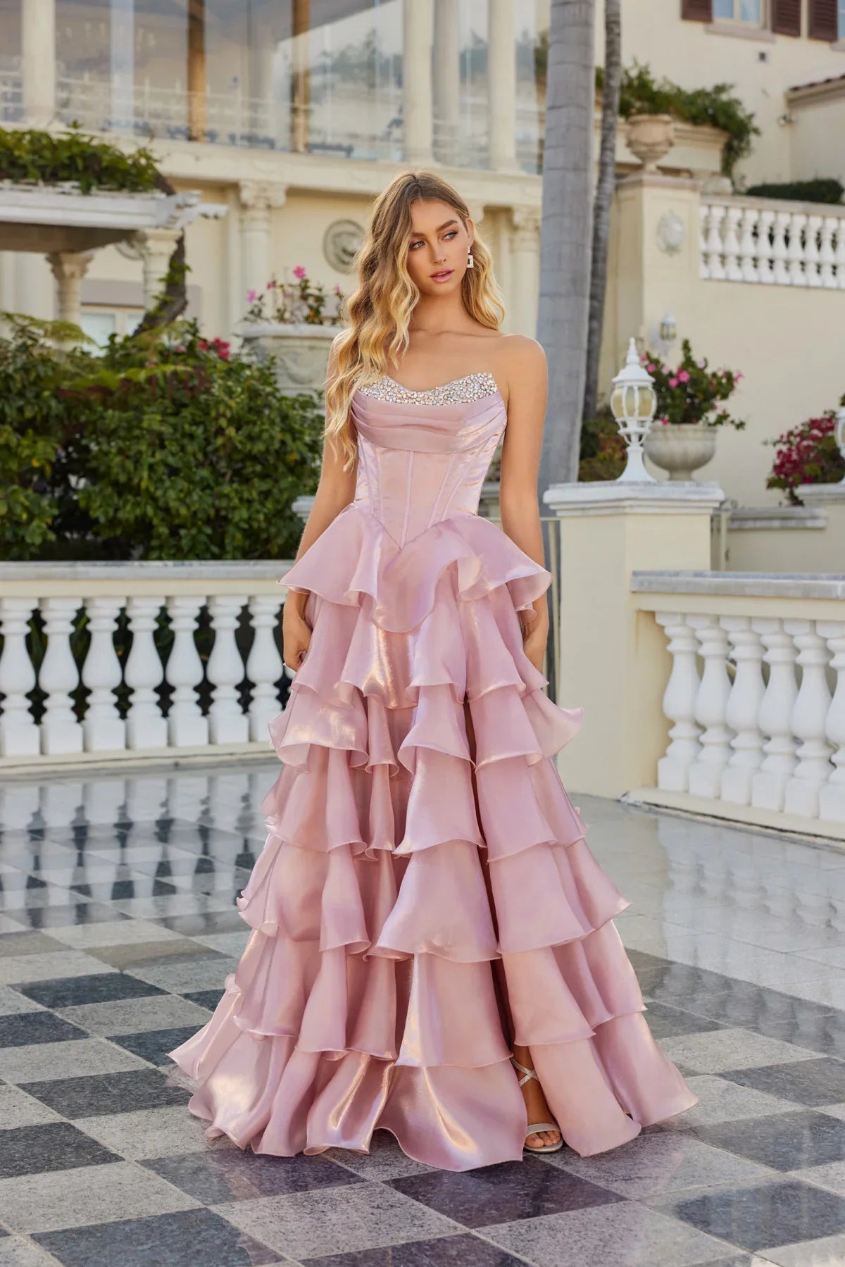 A-line Strapless Rhinestone Corset Gown Tiered Ruffle Prom Dress With High Slit