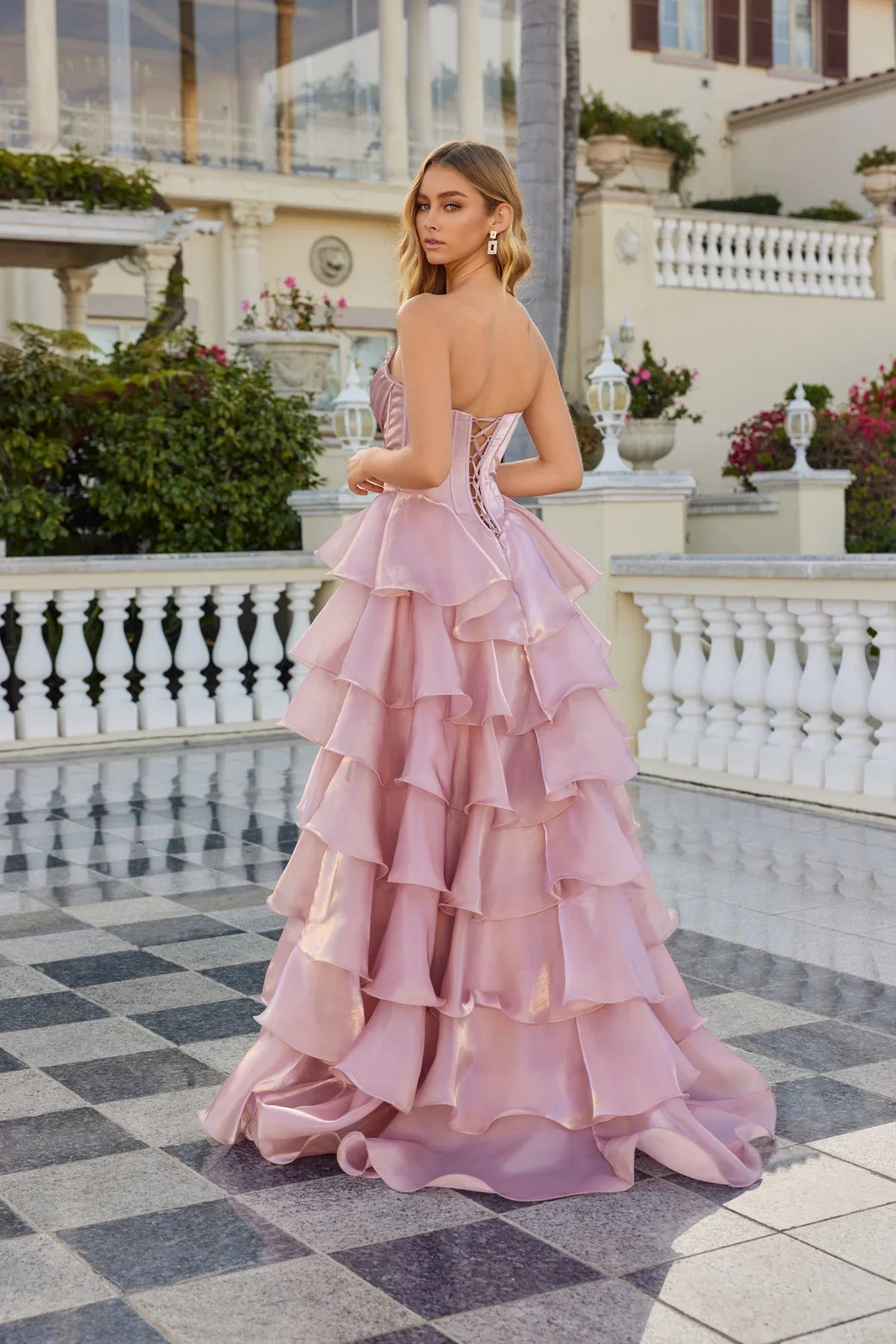 A-line Strapless Rhinestone Corset Gown Tiered Ruffle Prom Dress With High Slit