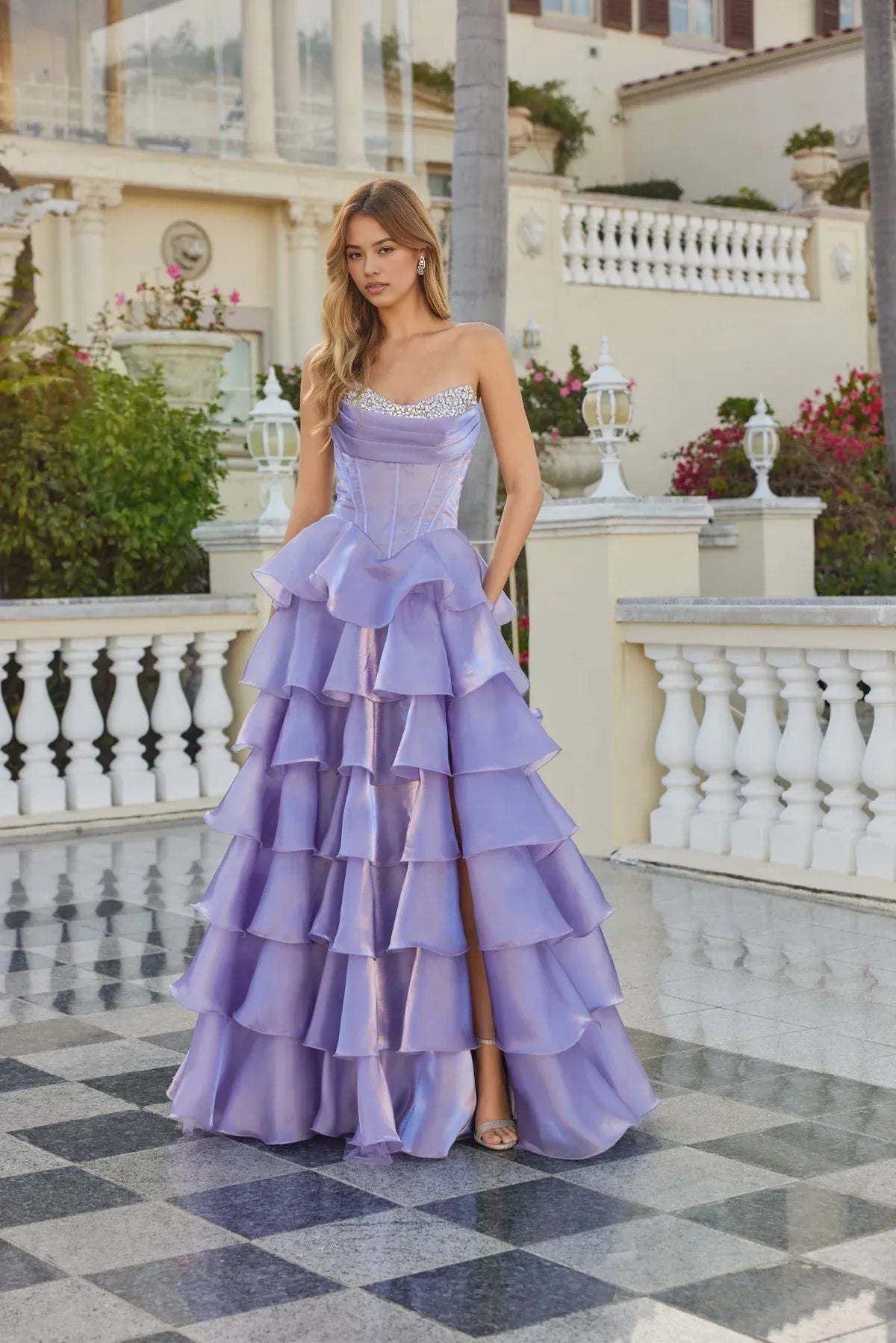 A-line Strapless Rhinestone Corset Gown Tiered Ruffle Prom Dress With High Slit