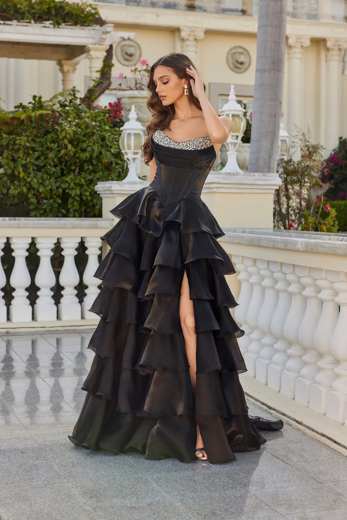 A-line Strapless Rhinestone Corset Gown Tiered Ruffle Prom Dress With High Slit
