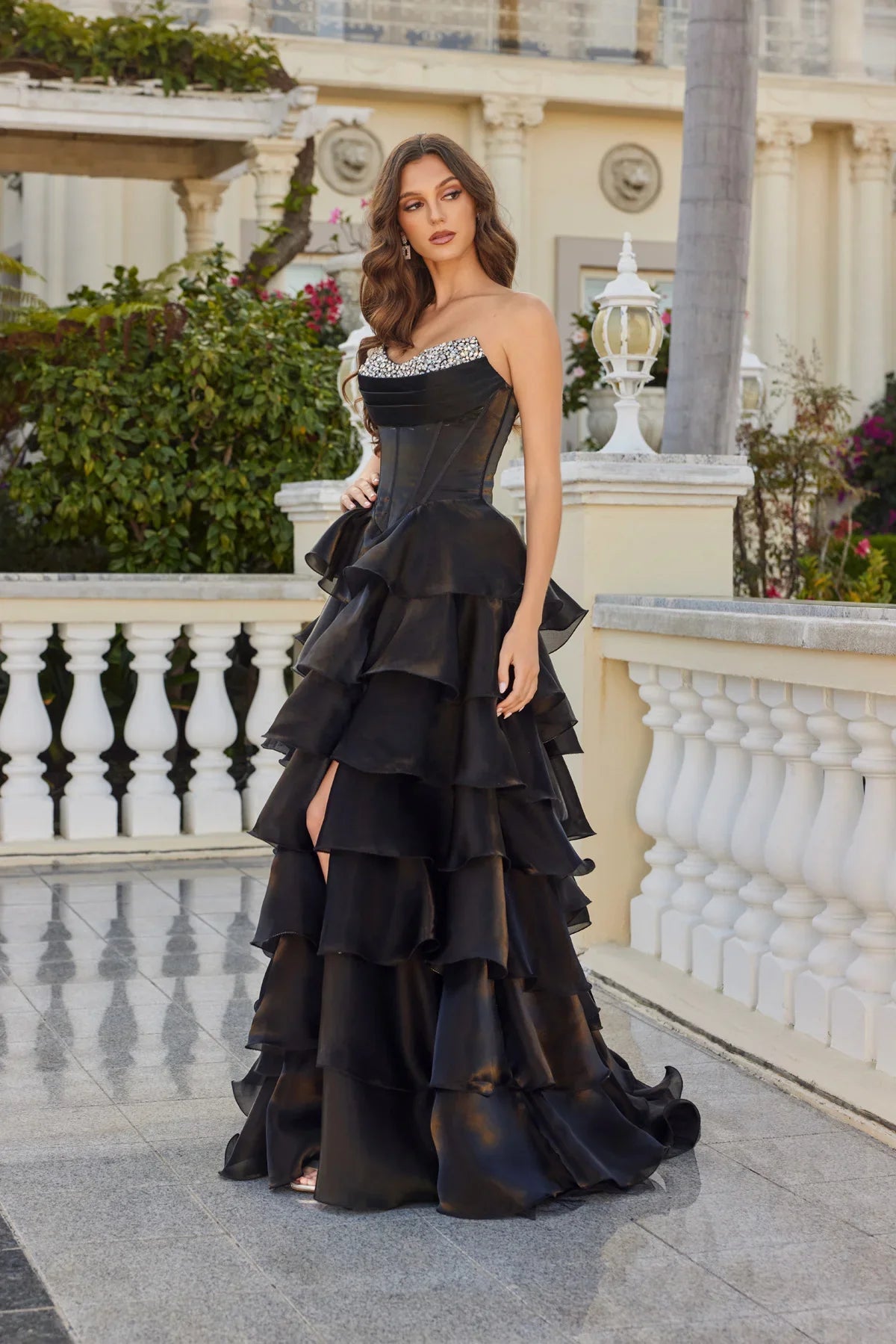 A-line Strapless Rhinestone Corset Gown Tiered Ruffle Prom Dress With High Slit