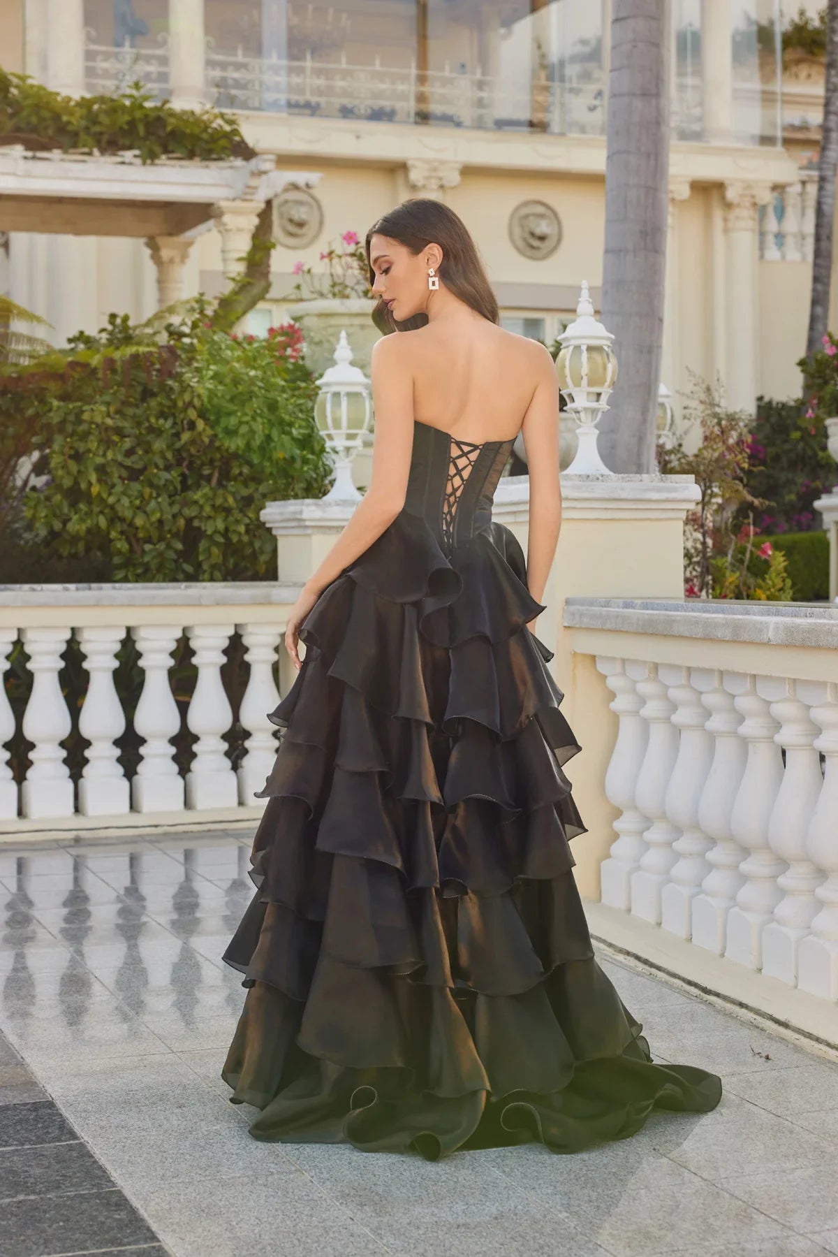 A-line Strapless Rhinestone Corset Gown Tiered Ruffle Prom Dress With High Slit