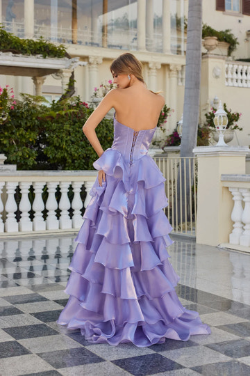 A-line Strapless Rhinestone Corset Gown Tiered Ruffle Prom Dress With High Slit