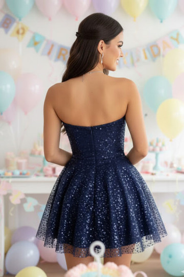 Glamorous A-line Strapless Sequin Tulle Mini Homecoming Dress Flare Party Dress