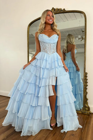 Romantic A-line Strapless Tiered Ruffle Corset Prom Dress Slit High-Low Hem Gown