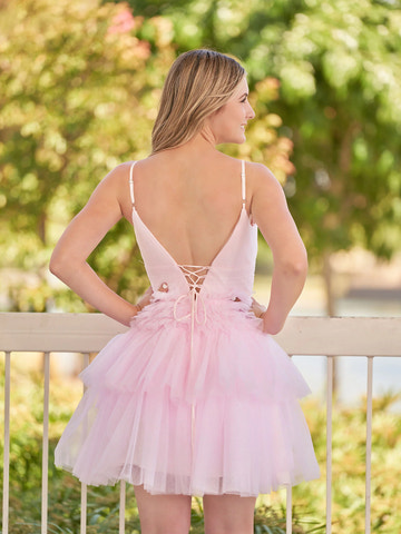 A-line V Neck Puffy Tulle Tiered Mini Laceup Homecoming Dress