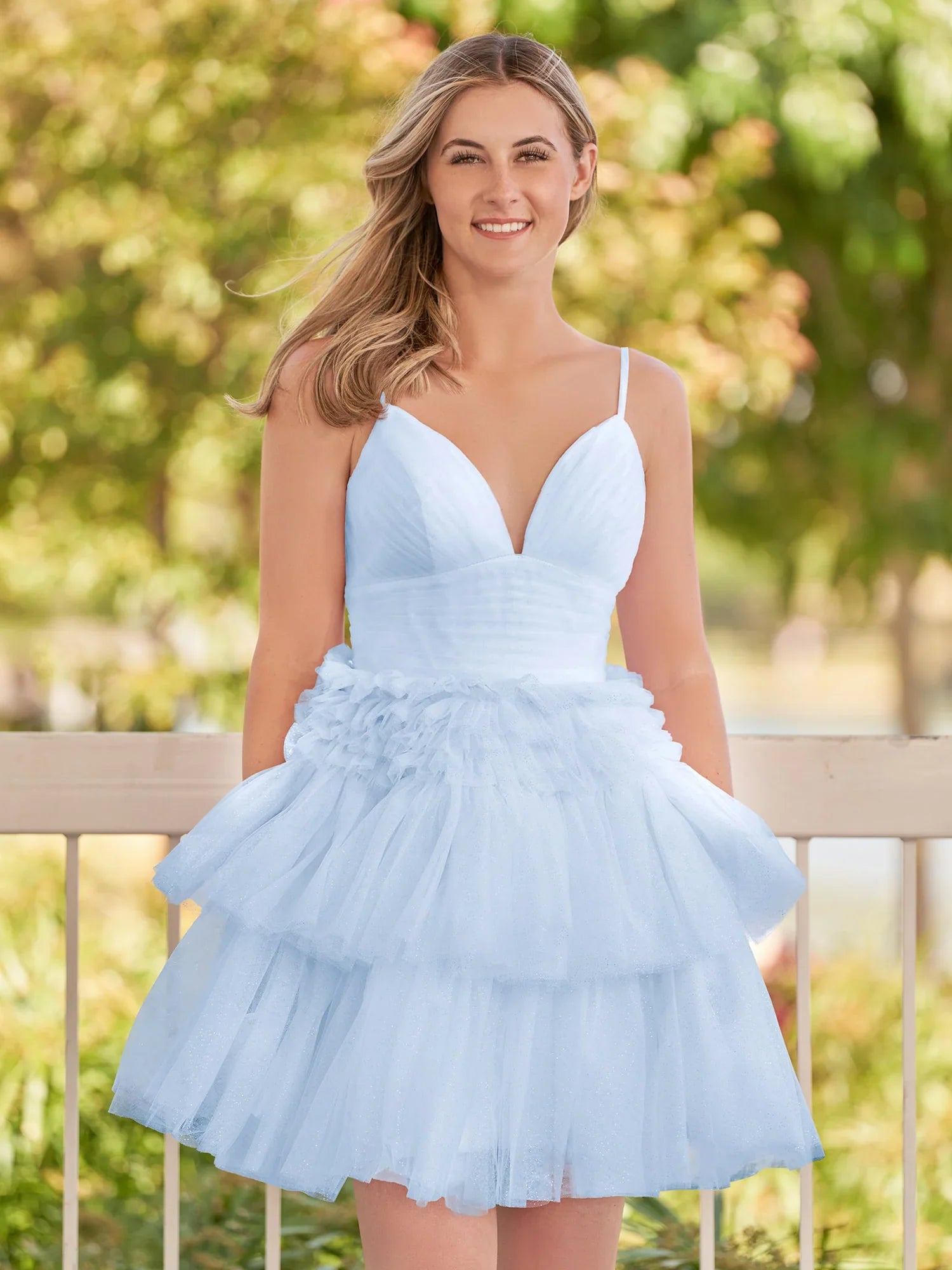 A-line V Neck Puffy Tulle Tiered Mini Laceup Homecoming Dress