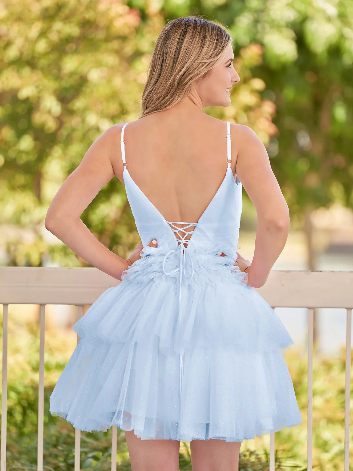 A-line V Neck Puffy Tulle Tiered Mini Laceup Homecoming Dress