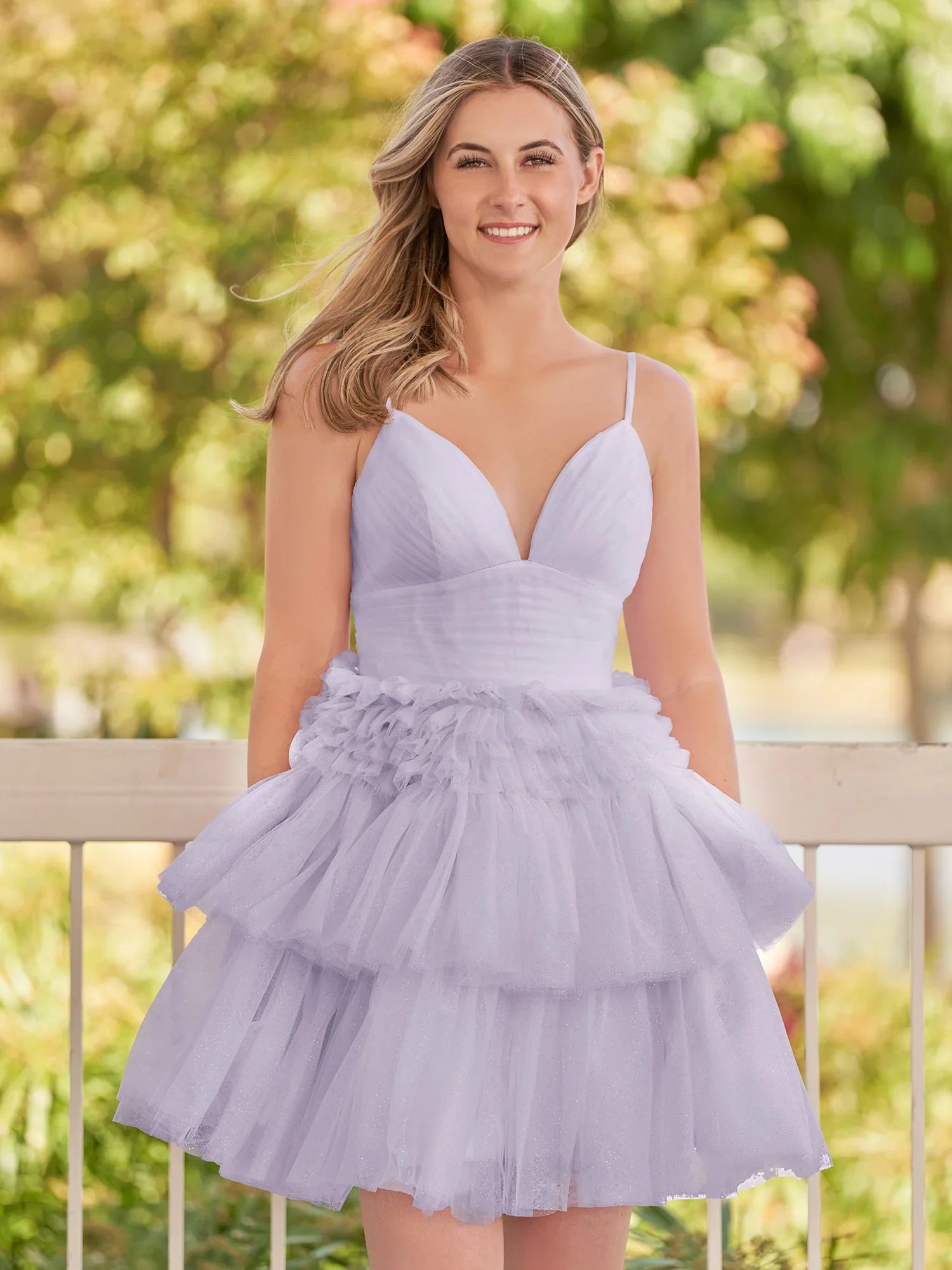 A-line V Neck Puffy Tulle Tiered Mini Laceup Homecoming Dress