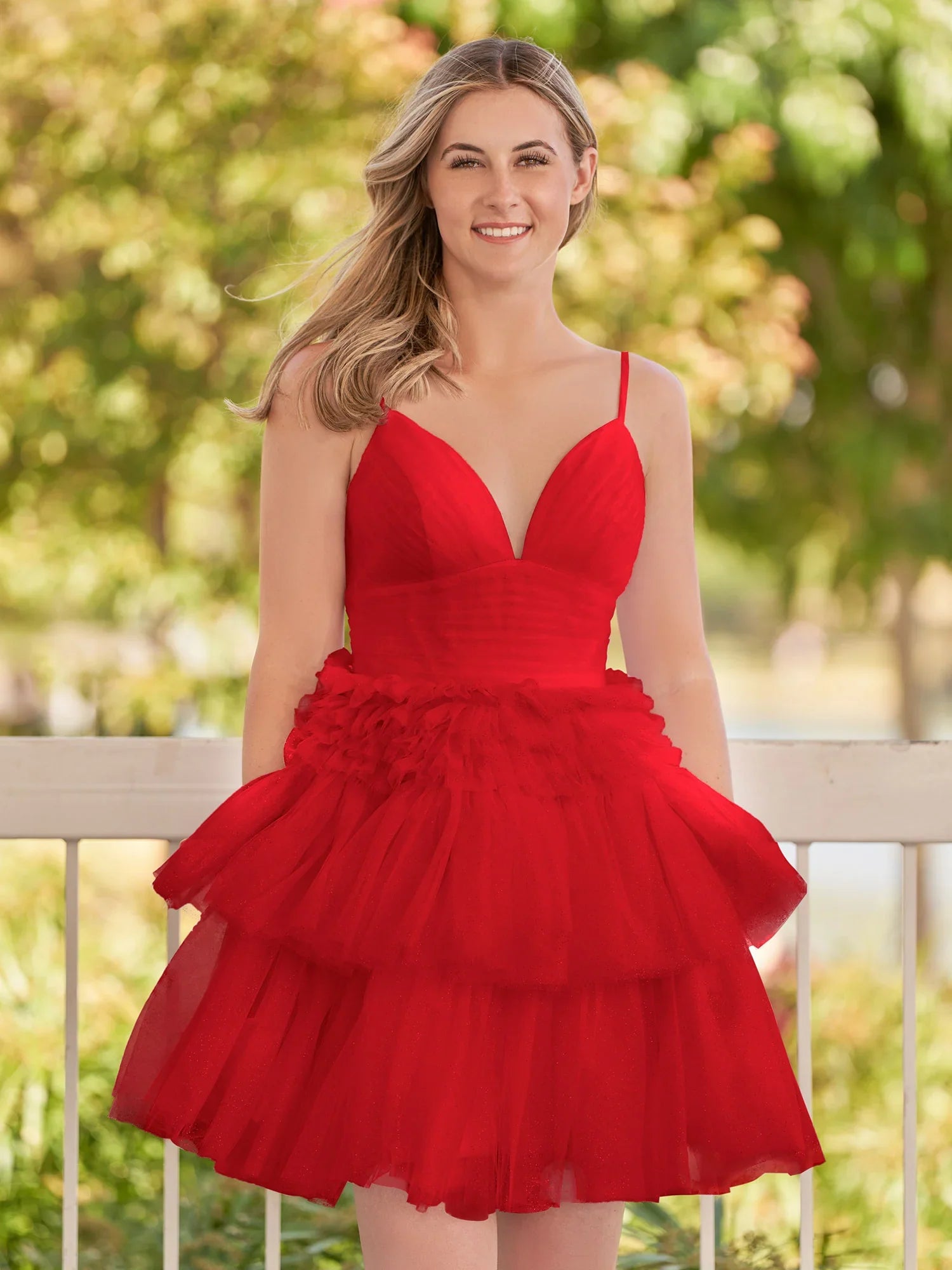 A-line V Neck Puffy Tulle Tiered Mini Laceup Homecoming Dress