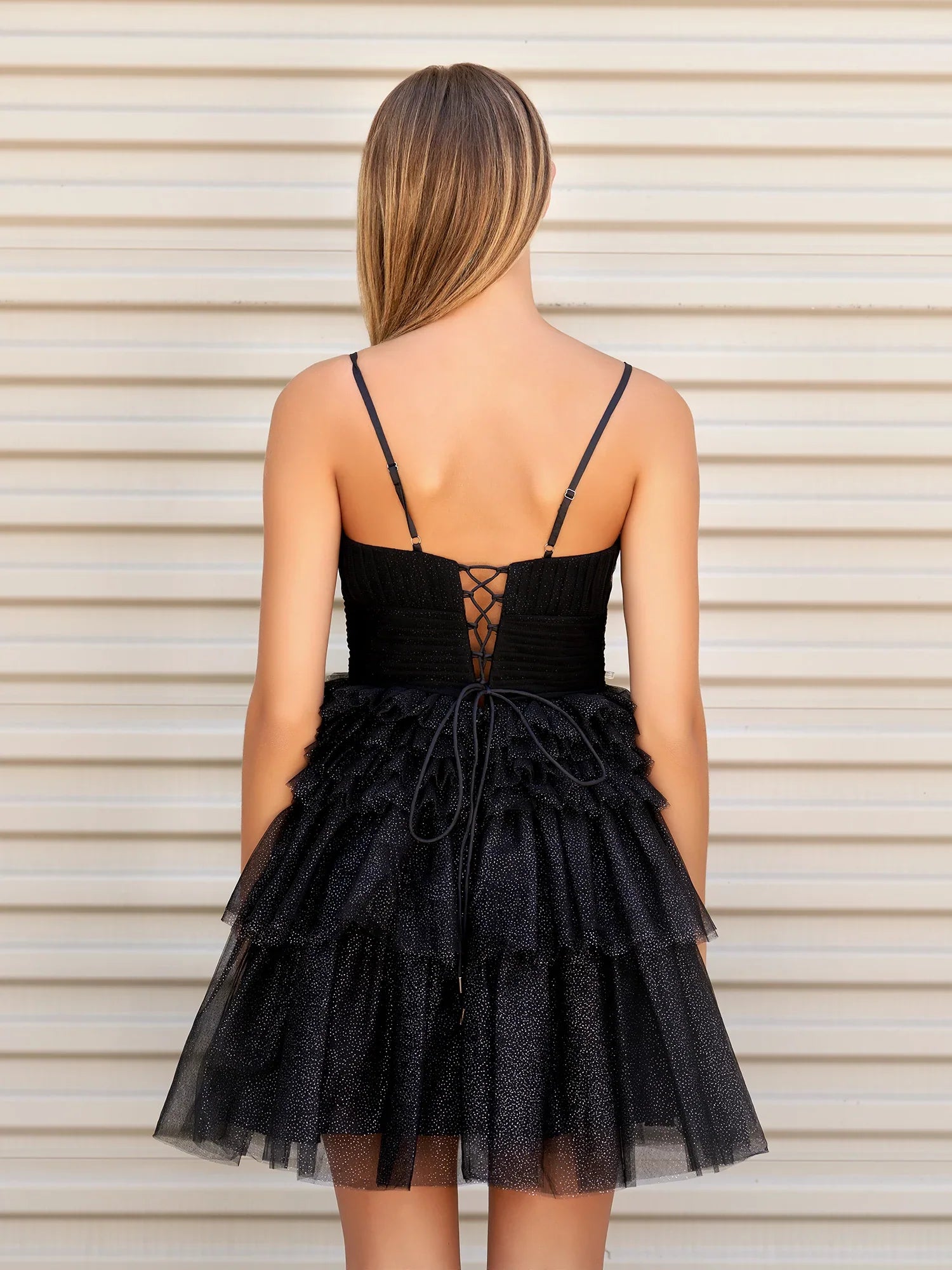 A-line V Neck Puffy Tulle Tiered Mini Laceup Homecoming Dress