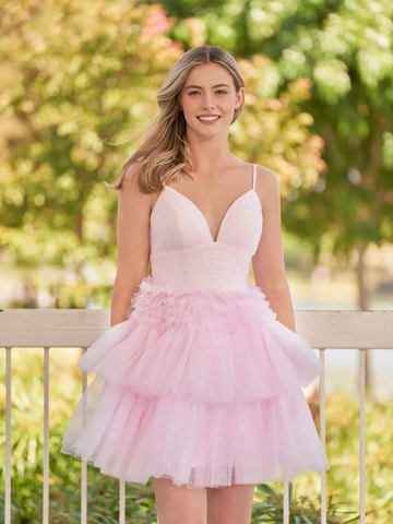 A-line V Neck Puffy Tulle Tiered Mini Laceup Homecoming Dress