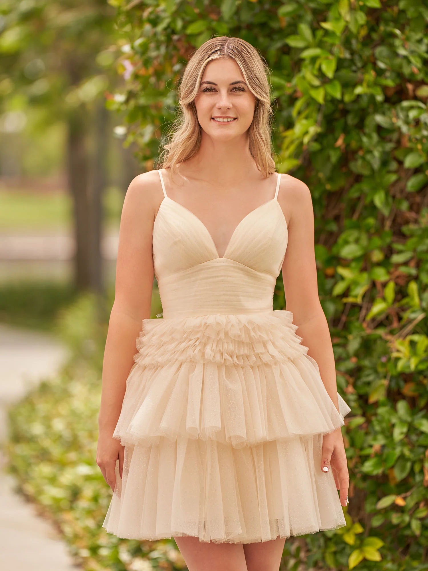 A-line V Neck Puffy Tulle Tiered Mini Laceup Homecoming Dress