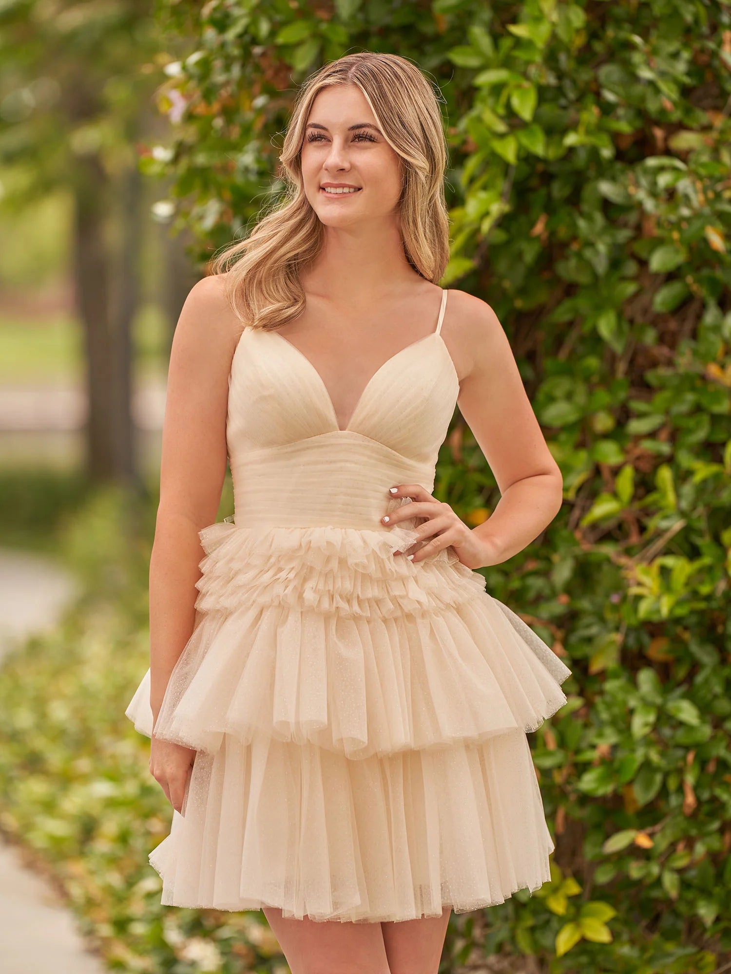 A-line V Neck Puffy Tulle Tiered Mini Laceup Homecoming Dress