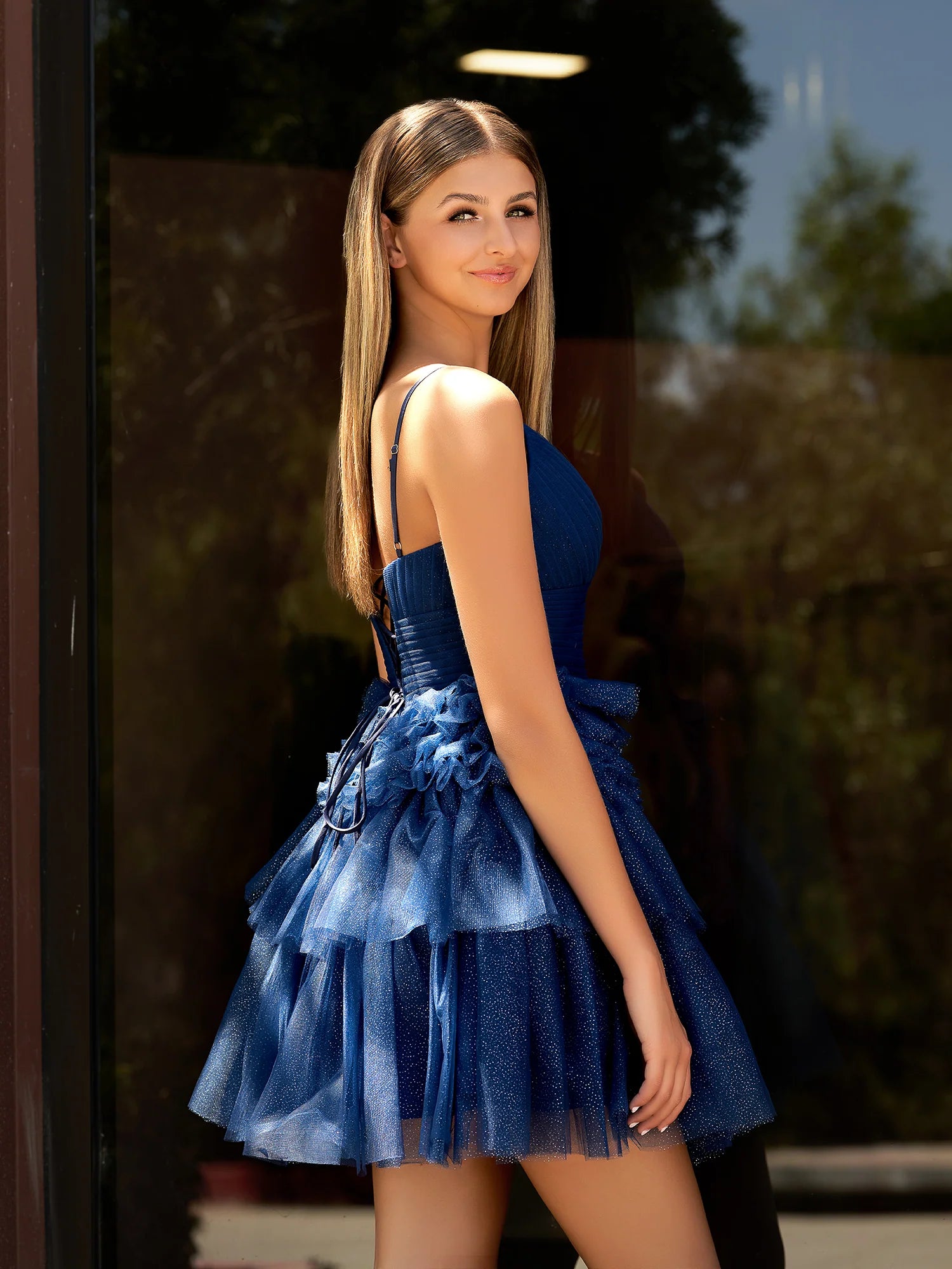 A-line V Neck Puffy Tulle Tiered Mini Laceup Homecoming Dress