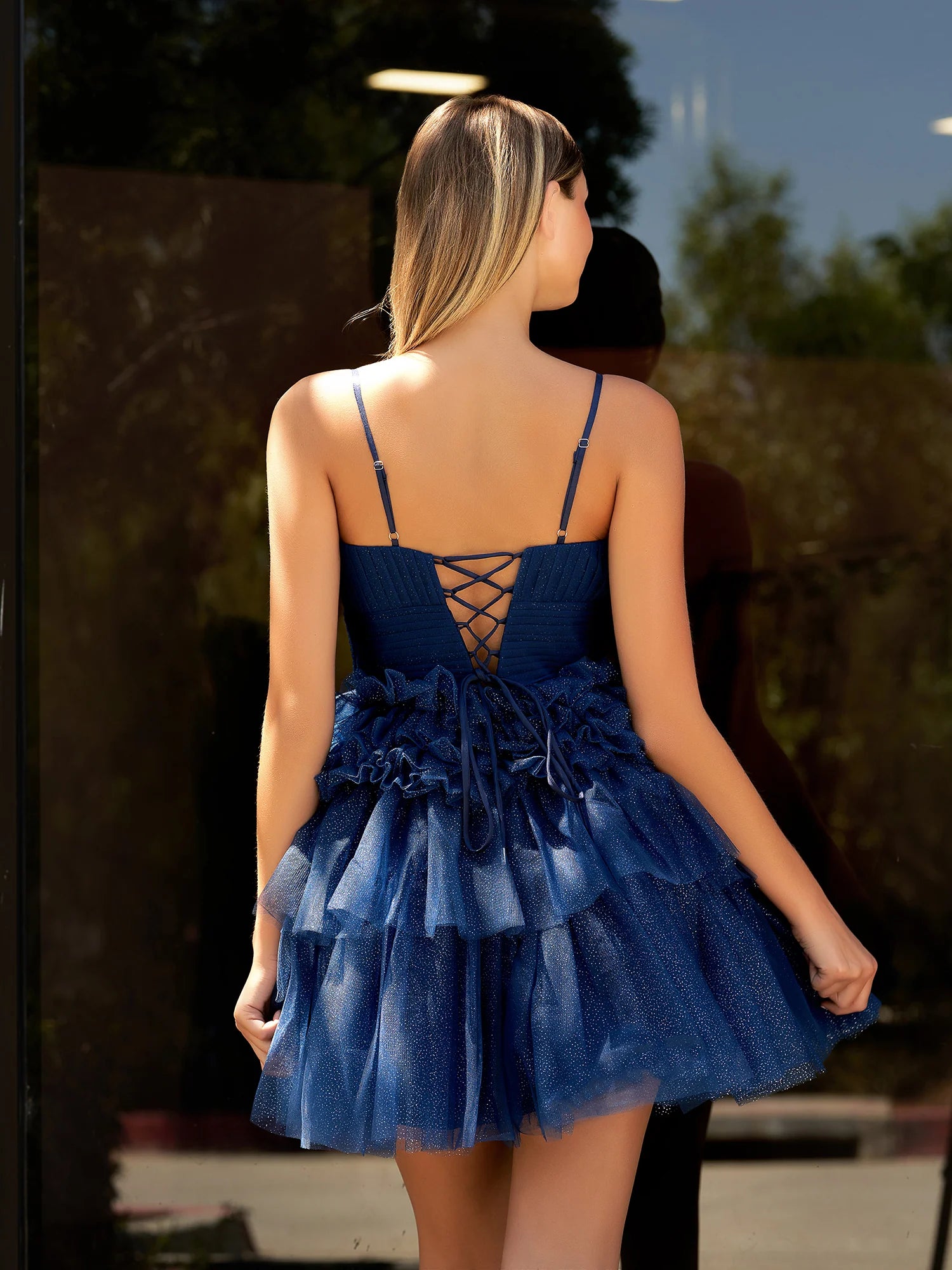 A-line V Neck Puffy Tulle Tiered Mini Laceup Homecoming Dress