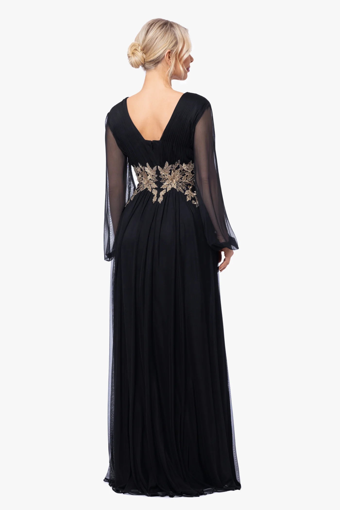 A-line V-neck Mother of the Bride Dress Sheer Sleeve Waist-Embroidered Formal Evening Gown