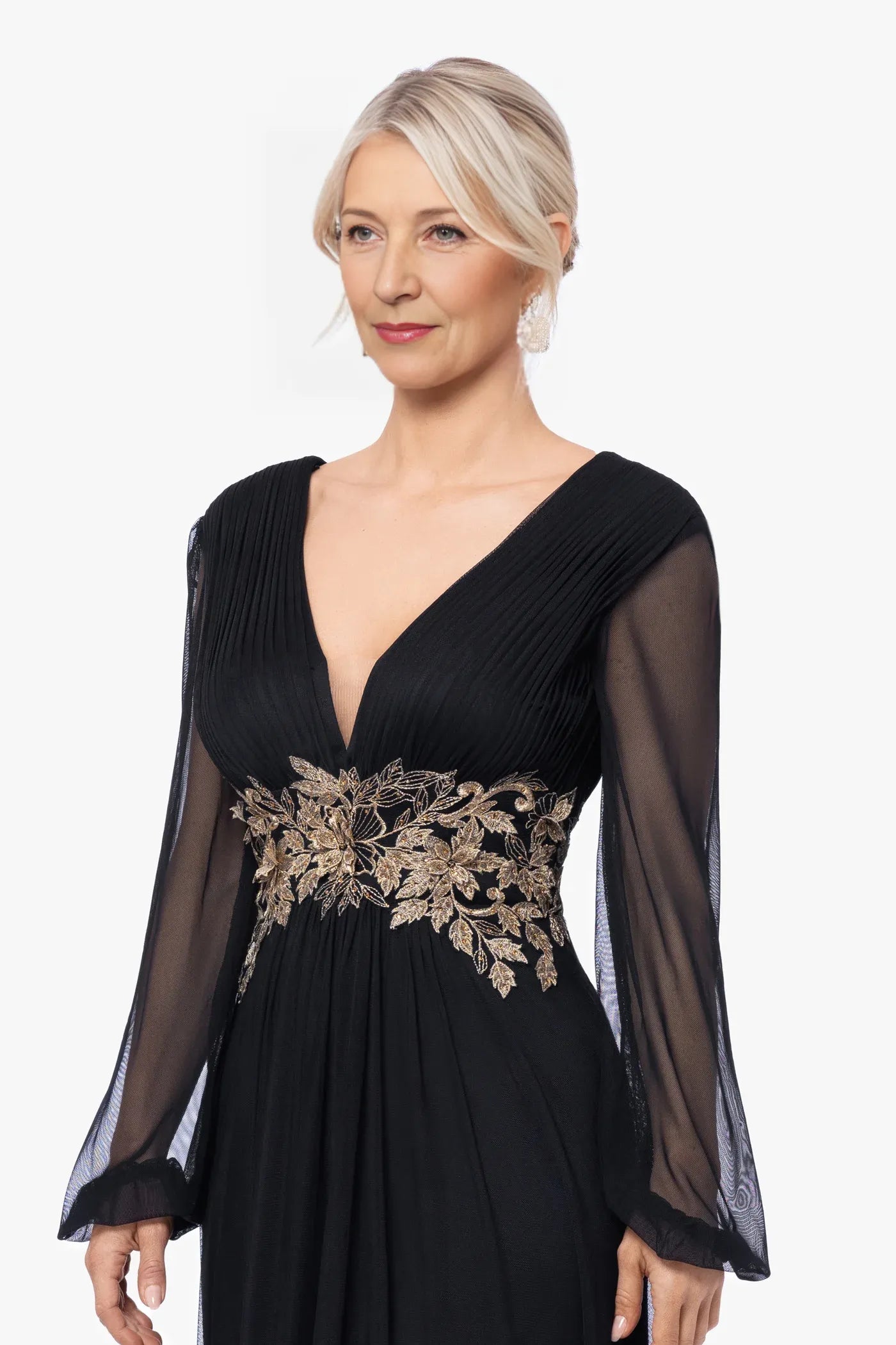 A-line V-neck Mother of the Bride Dress Sheer Sleeve Waist-Embroidered Formal Evening Gown