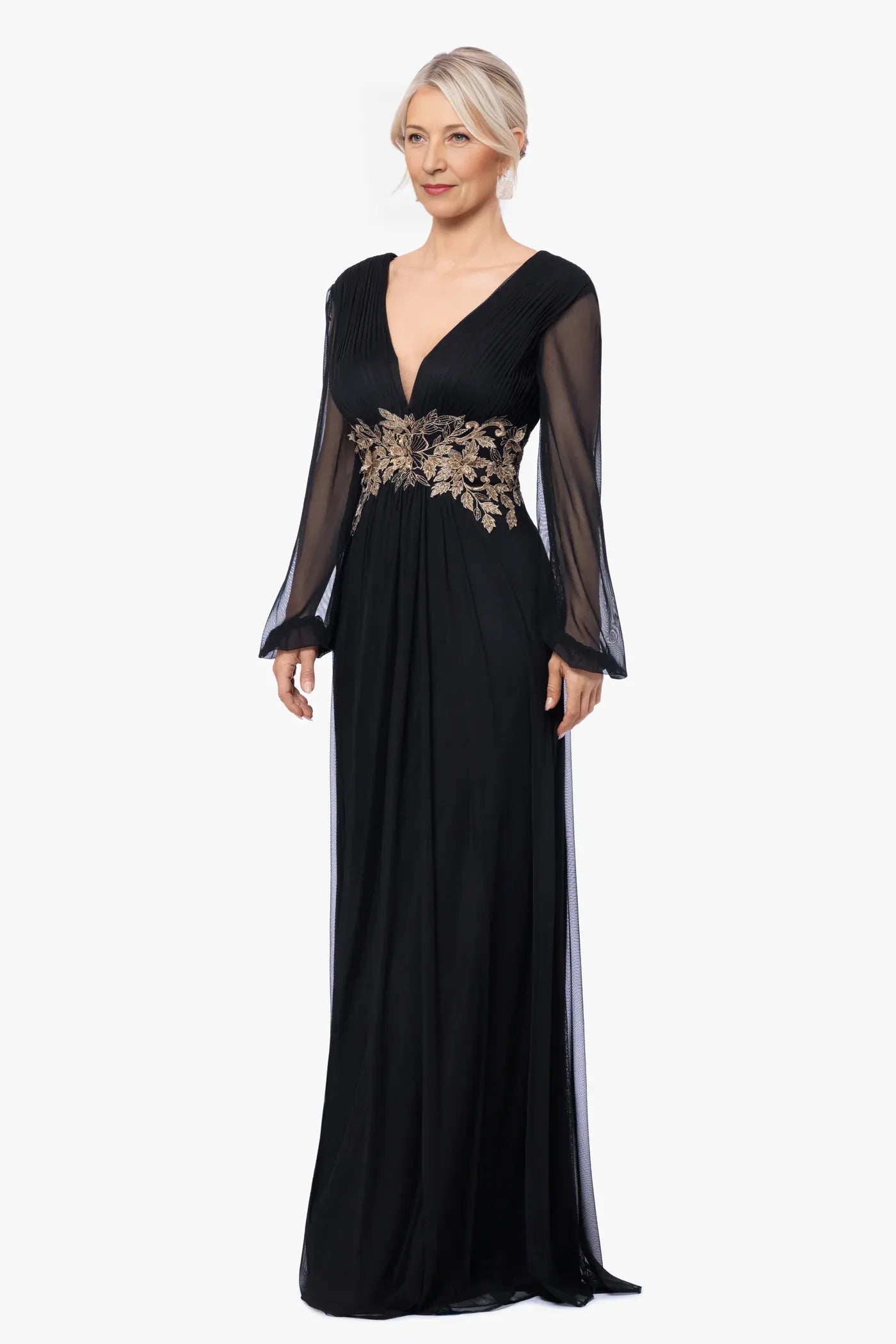 A-line V-neck Mother of the Bride Dress Sheer Sleeve Waist-Embroidered Formal Evening Gown