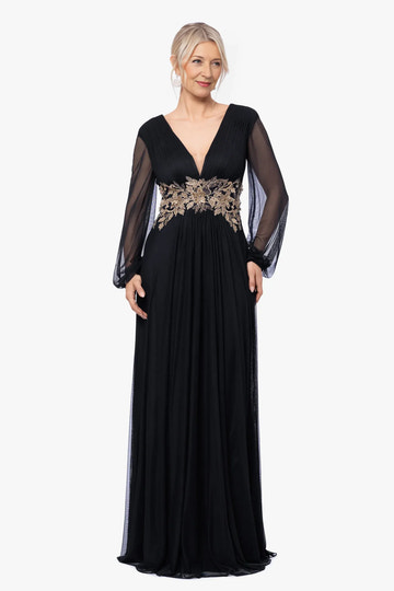 Vestido de noche formal con cuello en V, corte A, manga transparente y cintura bordada para la madre de la novia