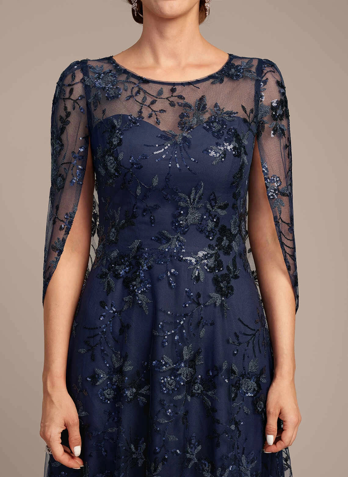 Glamorous A‑Line Scoop Neck Cape Sleeve Illusion Back Long Mother Of The Bride Dress