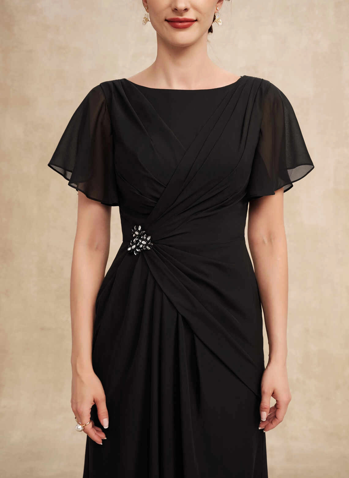 Classic A‑Line Bateau Flutter Sleeve Ruched Waist Long Mother Of The Bride Dress