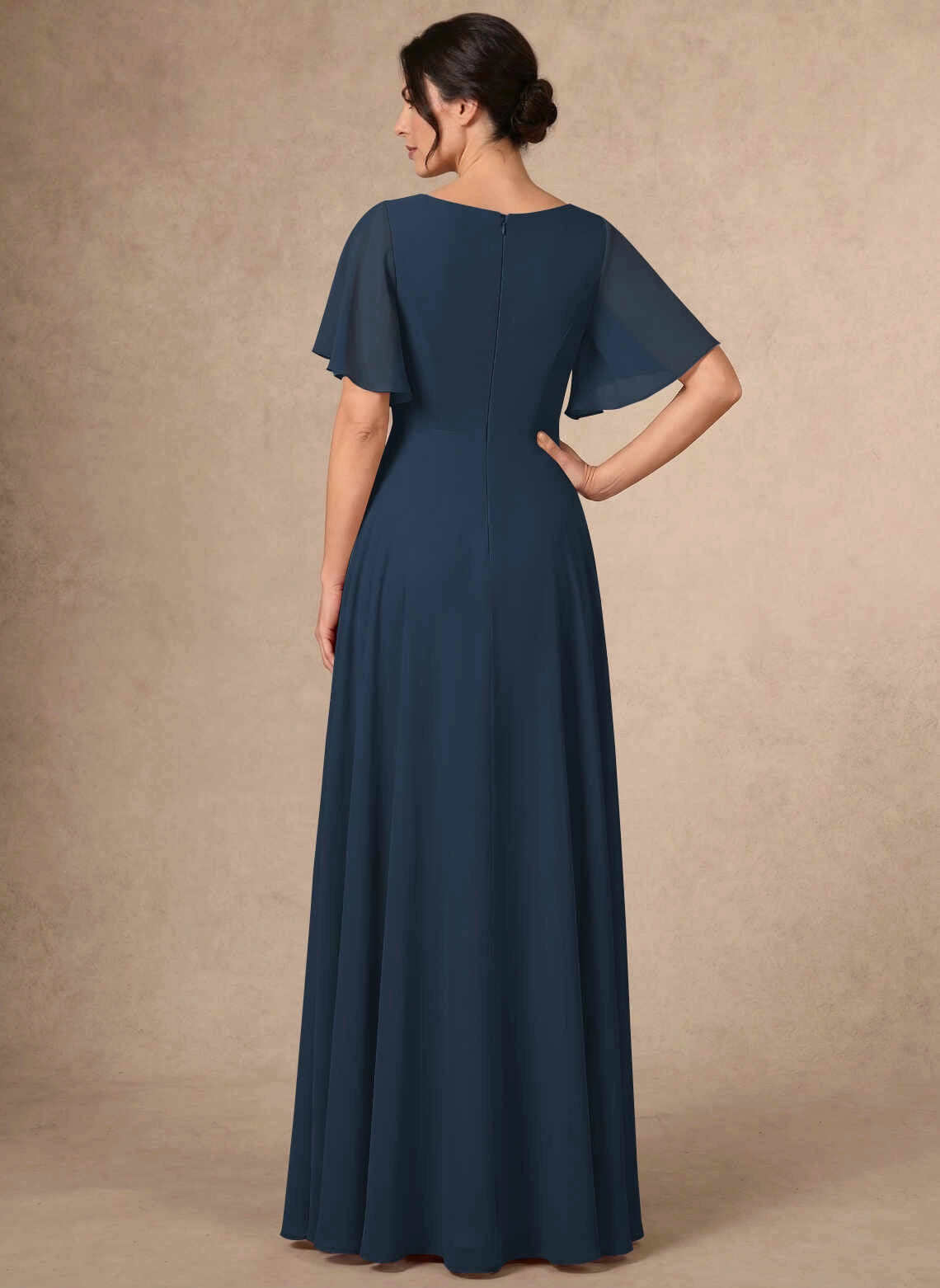 Modest A‑Line Bateau Neck Flutter Sleeve Solid Back Long Mother Of The Bride Dress