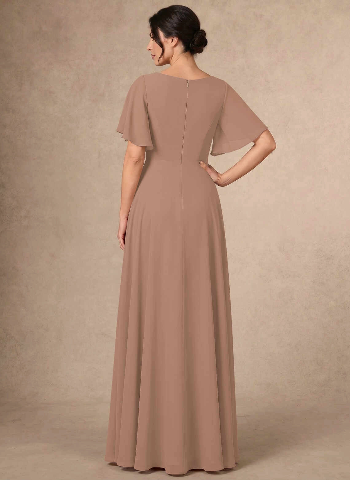 Modest A‑Line Bateau Neck Flutter Sleeve Solid Back Long Mother Of The Bride Dress