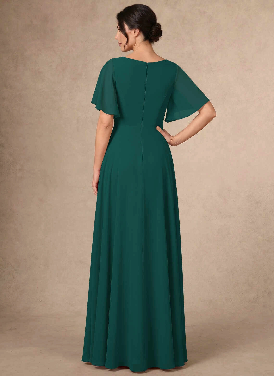 Modest A‑Line Bateau Neck Flutter Sleeve Solid Back Long Mother Of The Bride Dress