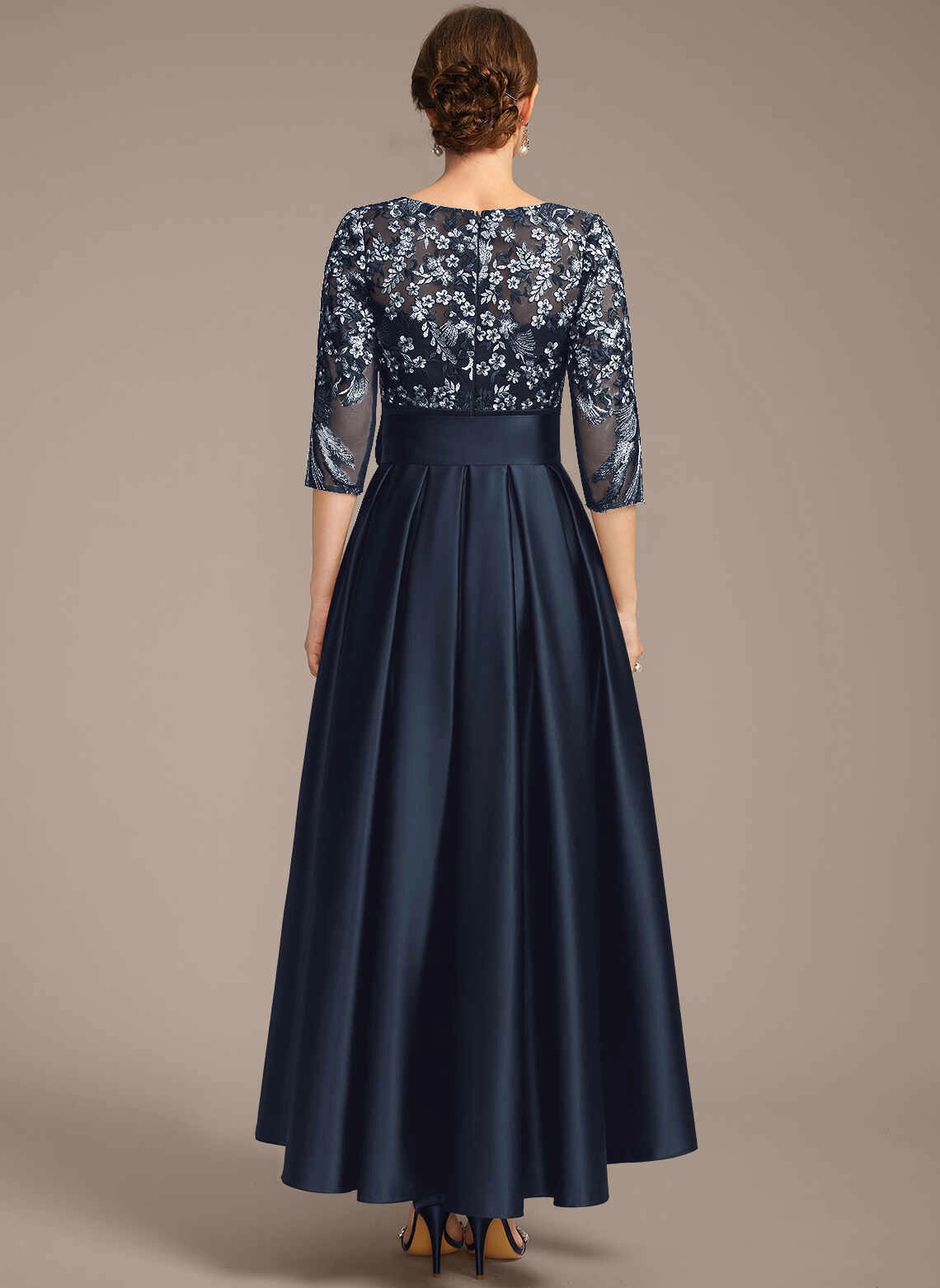 Vedress navy hi‑lo mother of the bride dress,round neck lace elbow sleeves,satin bow waist,pockets,zip‑back gown