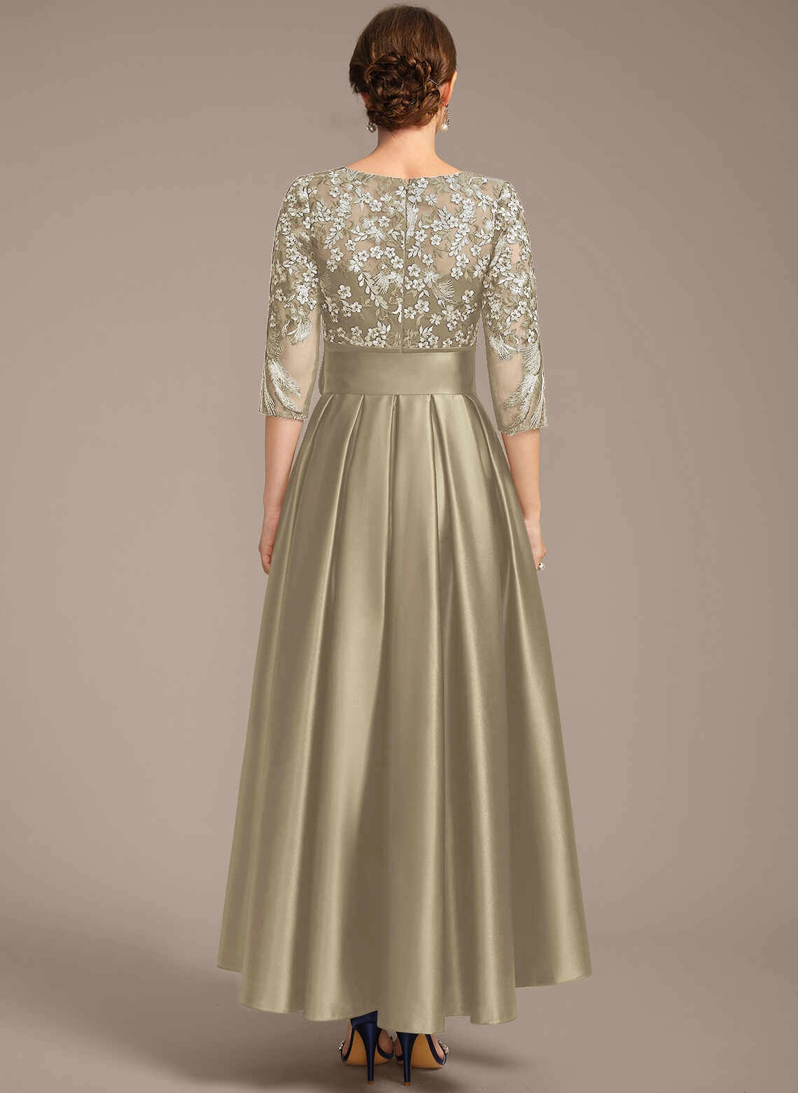 Gorgeous A‑Line Round‑Neck Elbow‑Sleeve Zip‑Back Hi‑Lo Mother Of The Bride Dress