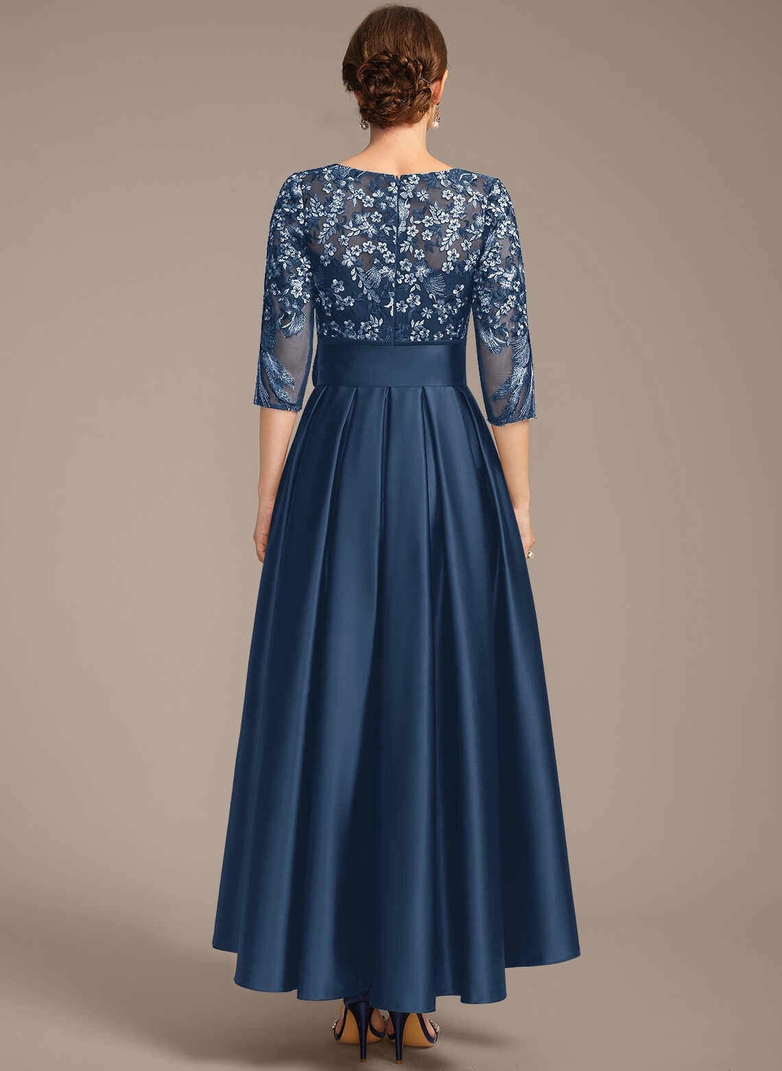 Gorgeous A‑Line Round‑Neck Elbow‑Sleeve Zip‑Back Hi‑Lo Mother Of The Bride Dress