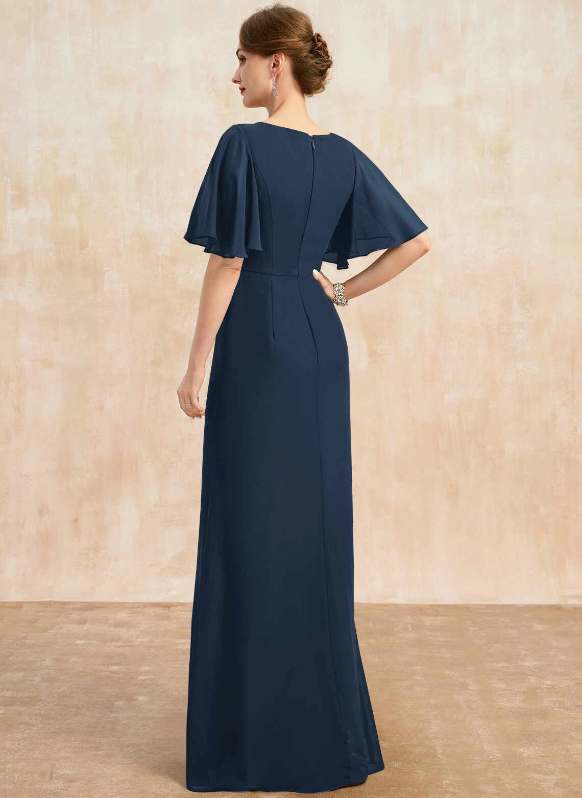 Vedress Beaded Waist Zipper‑Back Floor‑Length Evening Gown Back View