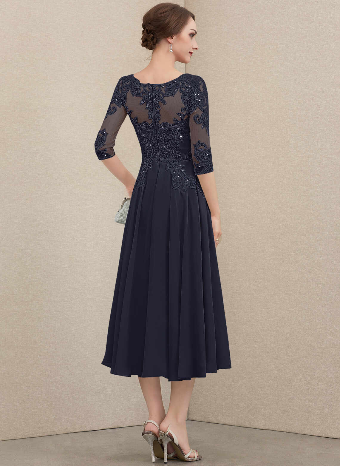 Chic A‑Line Illusion Neck Lace 3/4 Sleeve Zipper Back Midi Mother Of The Bride Dress