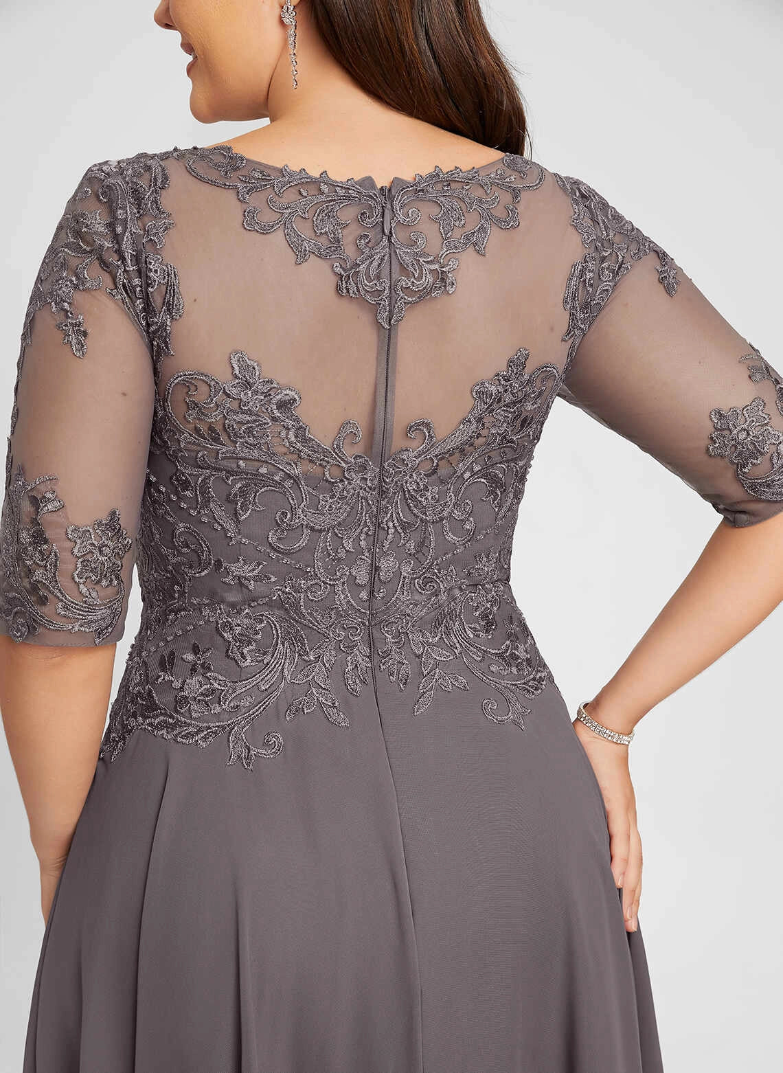 Romantic A‑Line Illusion Neck Elbow‑Sleeve Hi‑Lo Mother Of The Bride Dress
