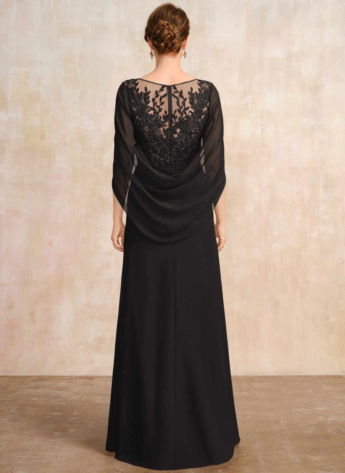 Elegant A‑Line Illusion Neck Cape Sleeve Floor‑Length Mother Of The Bride Dress