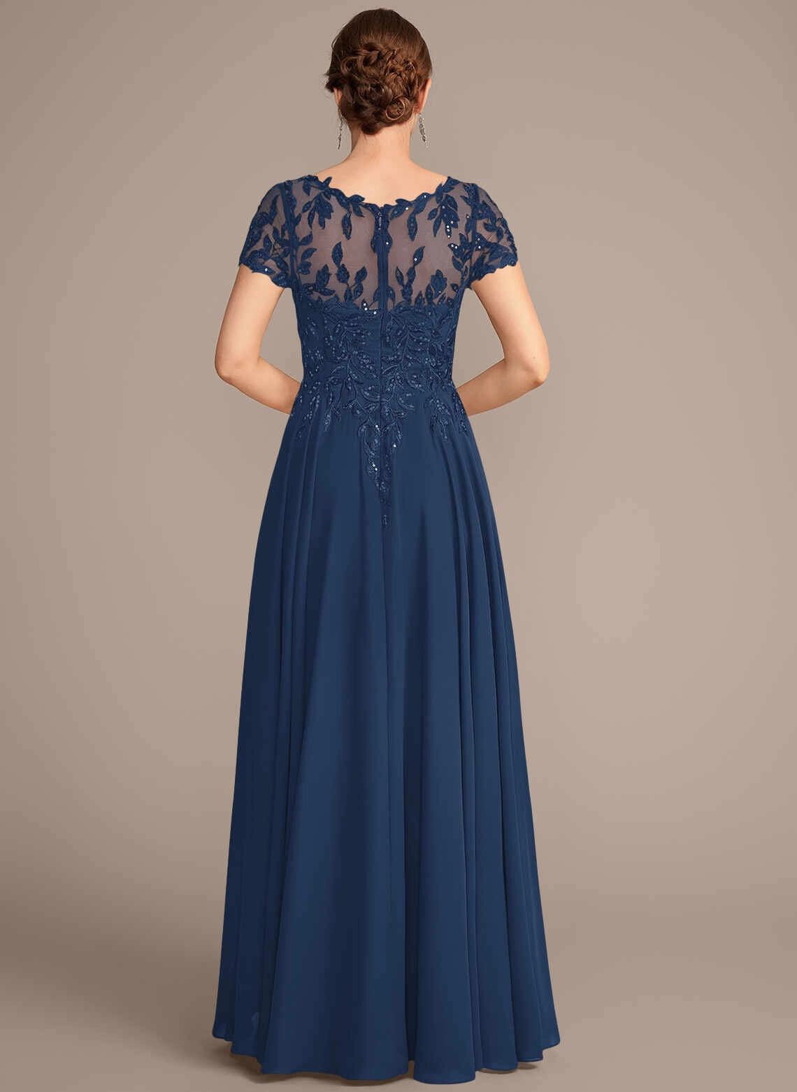 Elegant A‑Line Bateau Short Sleeve Illusion Back Long Mother Of The Bride Dress