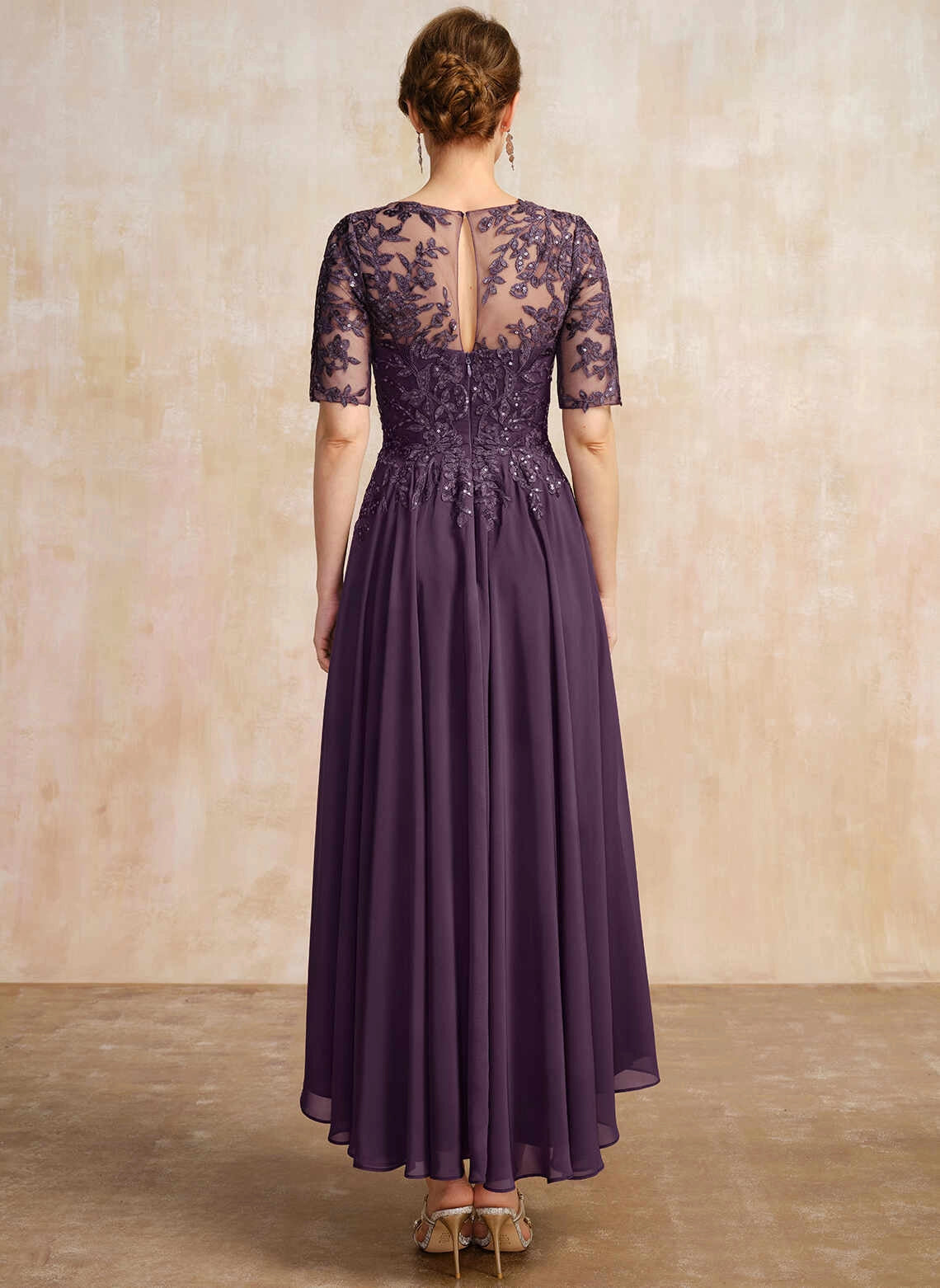 Vedress Sheer Keyhole Back High Low Chiffon Evening Gown Back View